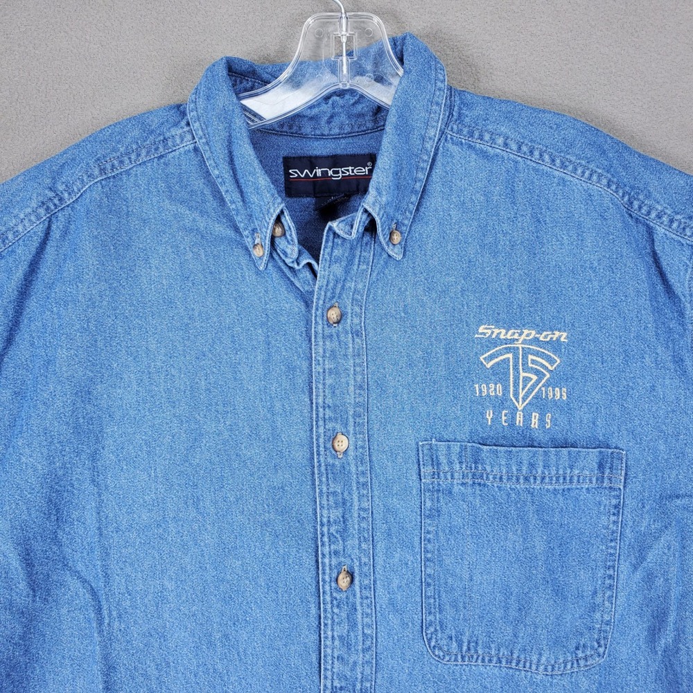Swingster Denim Button Down Shirt Mens L Blue Snap-on 75th Anniversary VTG 90s